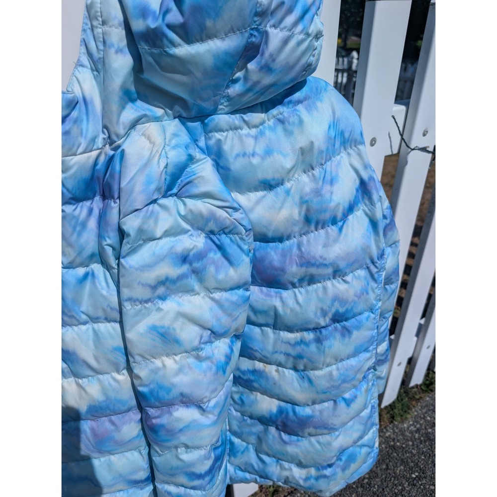 Puffer Jacket L 10-12 Blue Tie Dye Cloud Faux Fur Lined Longline Coat
